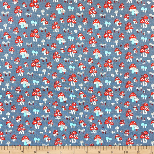 Enchanted Forest 25cm 61190304 Mushroom Sprouts Steel Blue - Camelot Fabrics